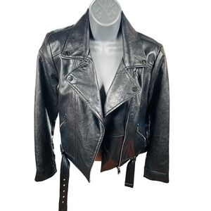 Elodie Faux Leather Moto Jacket Black Belted Women's XS Biker Style Y2K Grunge
